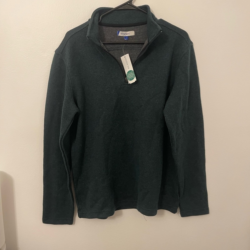 Green Knit Zip Up Sweater with High Neckline